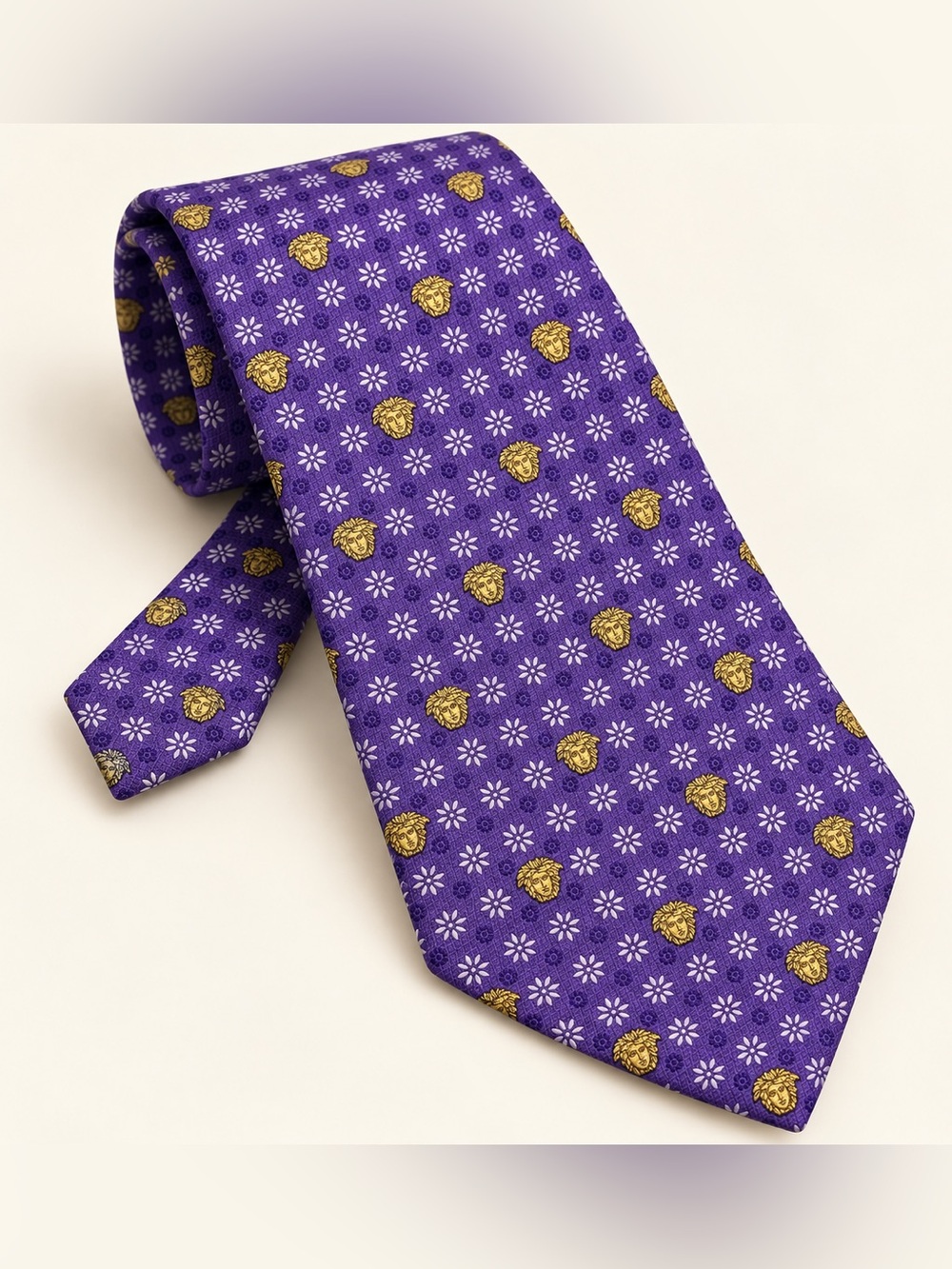 Vintage Gianni Versace Tie Purple Gold Medusa Floral 54" Made in Italy